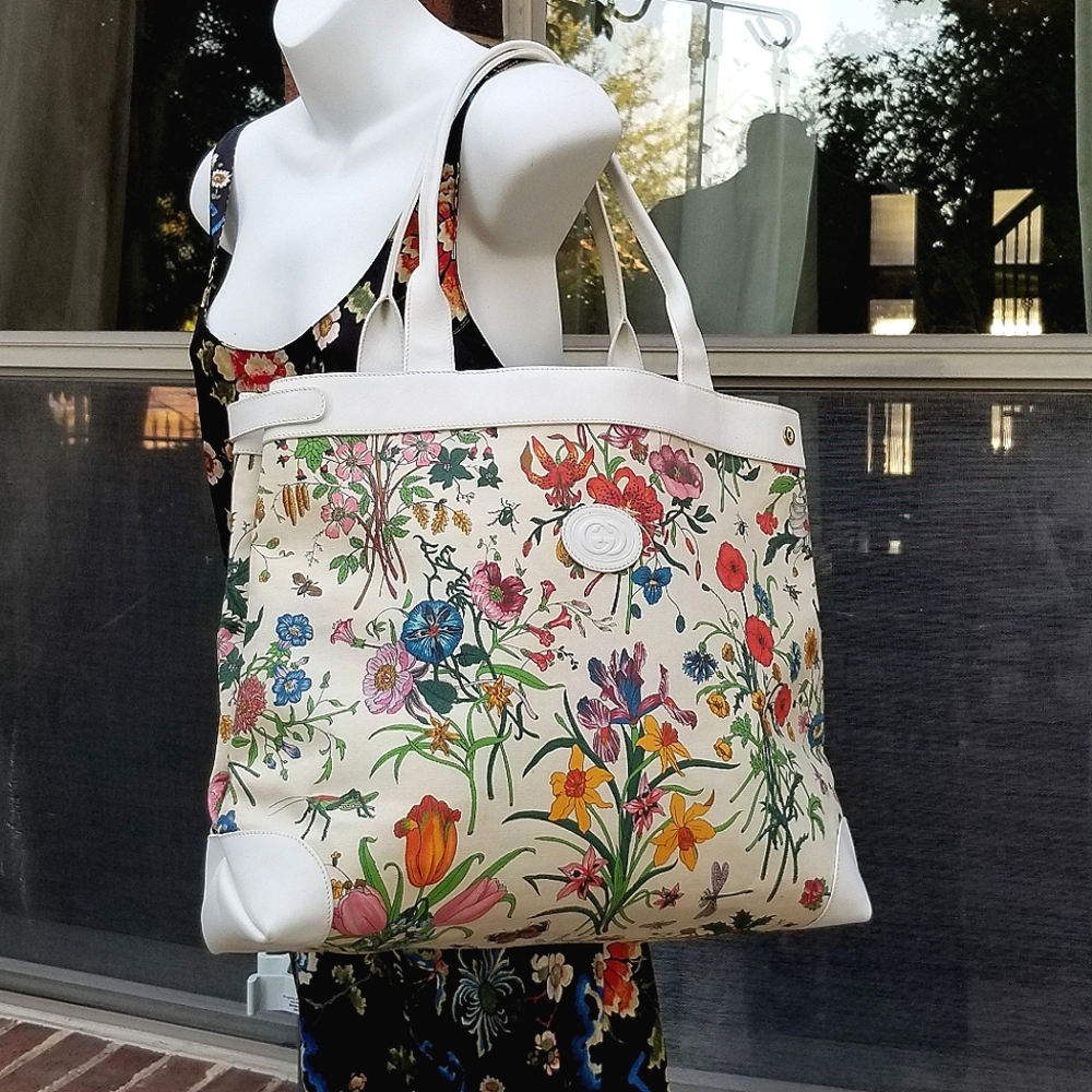 Fabulous  Rare Vintage Gucci  Flora Floral Tote Bag - White and Multicolor - Picture 5 of 16